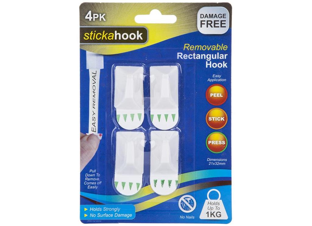 Pack Of 4 Removable Small Rec. Hooks 1Kg Capacity On Blister - Click Image to Close