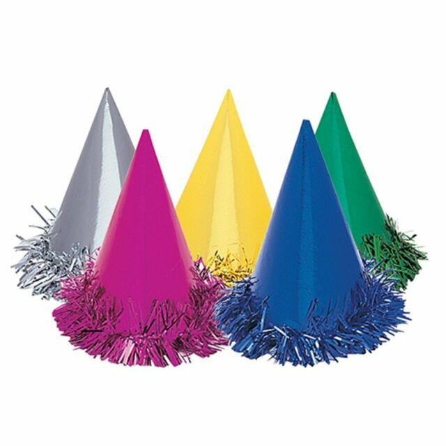 Fringed Foil Party Hats In Assorted Colours 6 Pack - Click Image to Close