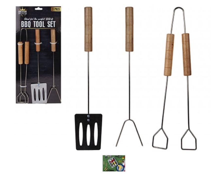BBQ Steel Set With Wood Handles Pack Of 3 - 36cm - Click Image to Close