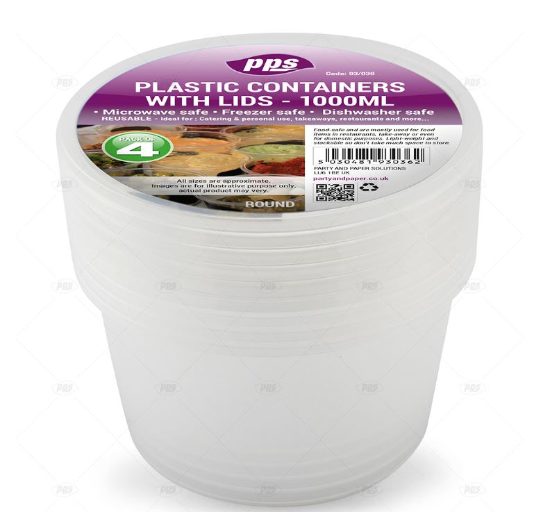 Food Containers & Lids Plastic Round 1000ml 4Pc - Click Image to Close