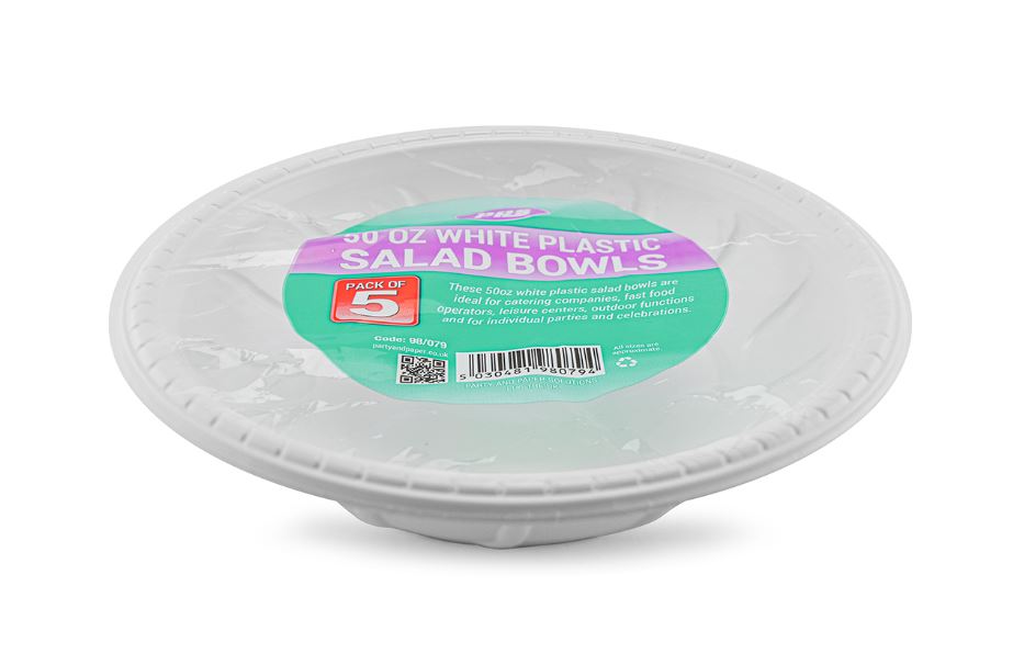 Plates Plastic Salad Bowl White 50oz 5Pc - Click Image to Close