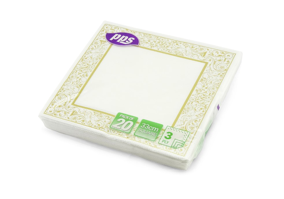 Square Gold Border Design Napkin 33cm 20pc 3ply - Click Image to Close
