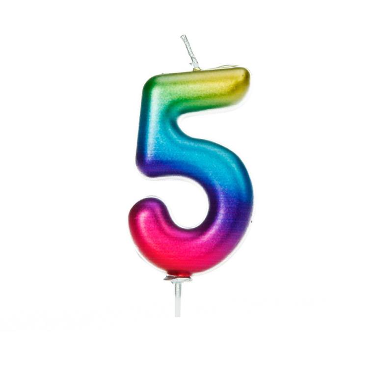 Age 5 Metallic Numeral Moulded Pick Candle Rainbow - Click Image to Close