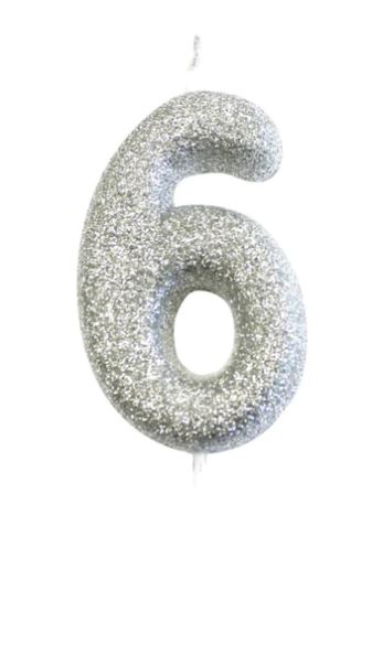 Age 6 Glitter Numeral Moulded Pick Candle Silver - Click Image to Close