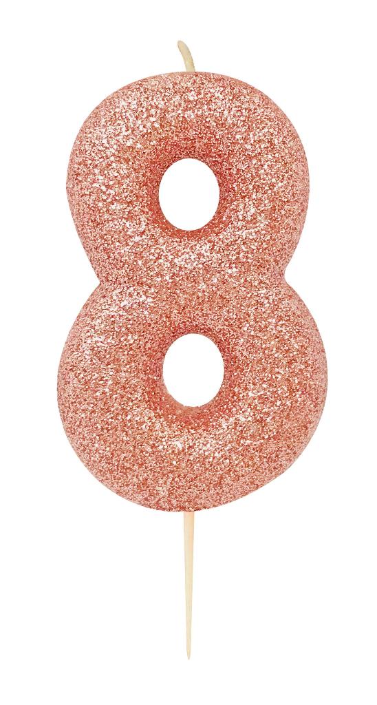 Age 8 Glitter Numeral Moulded Pick Candle Rose Gold - Click Image to Close