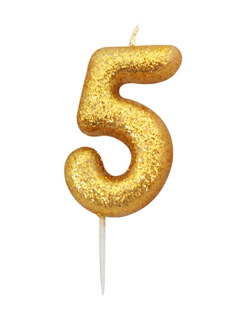 Age 5 Glitter Numeral Moulded Candle Gold - Click Image to Close