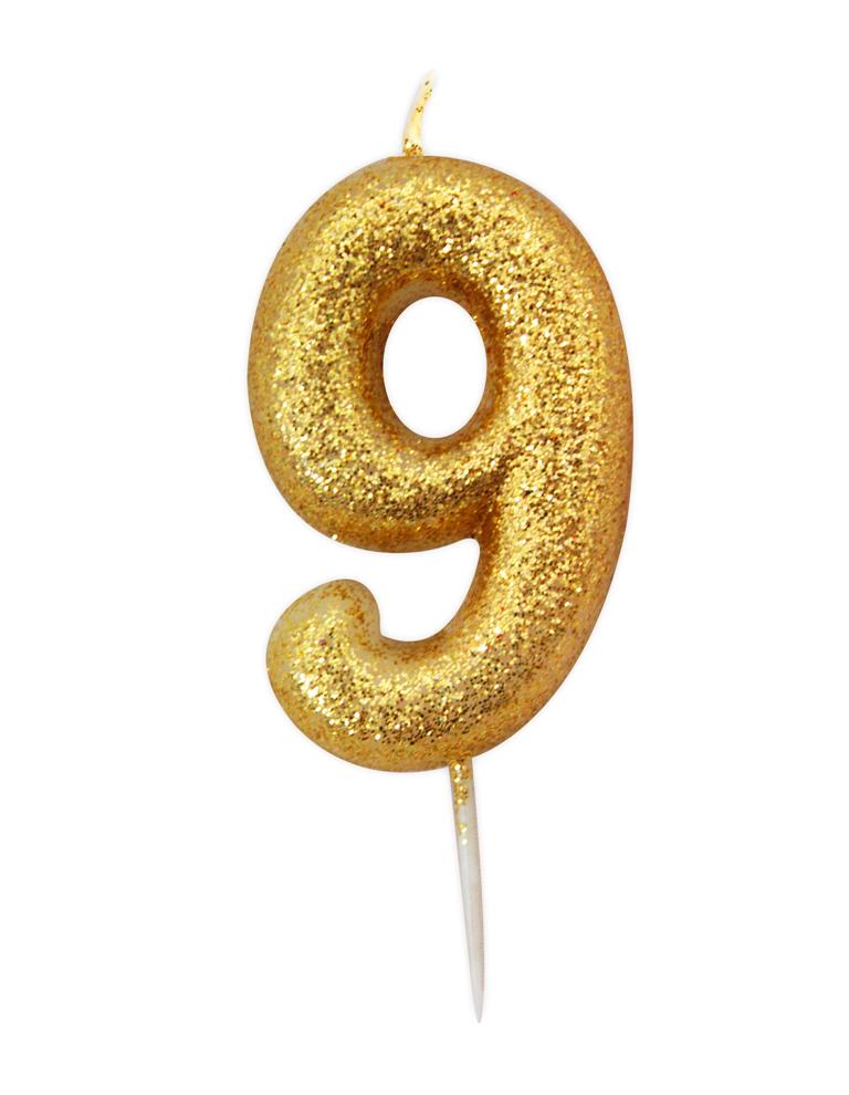 Age 9 Glitter Numeral Moulded Candle Gold - Click Image to Close