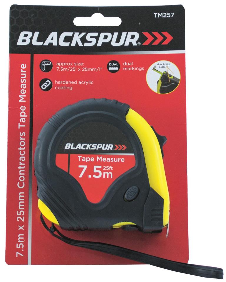 Blackspur 7.5M X 25mm Contractors Dual Blade Tape Measure - Click Image to Close