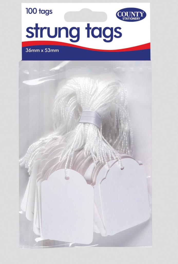 County Strung Tags ( 36mm X 53mm ) 100 Pack - Click Image to Close