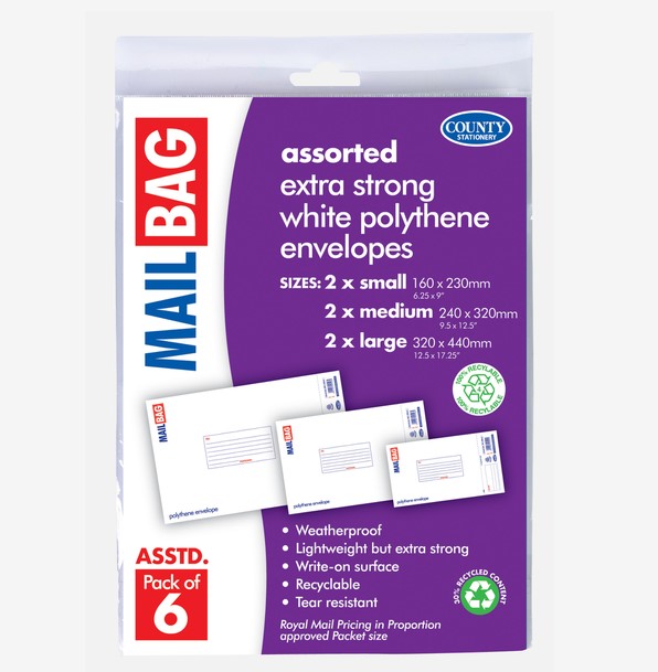 Polythene Mail Bags 6 Pack ( Assorted Sizes ) - Click Image to Close