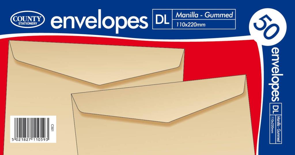 County DL Manilla Gummed Envelopes ( 110mm X 220mm ) 50 Pack - Click Image to Close