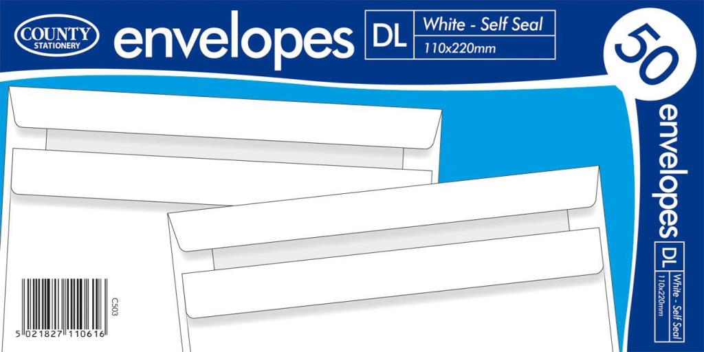 County DL White Self Seal Envelopes 50 Pack - Click Image to Close