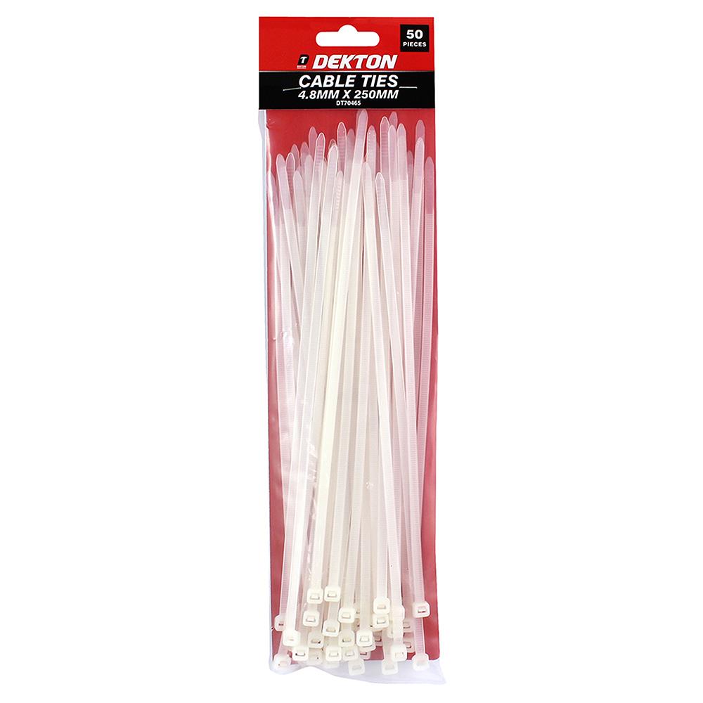 Dekton 50 Pcs 4.8mm X 250mm White Cable Ties - Click Image to Close