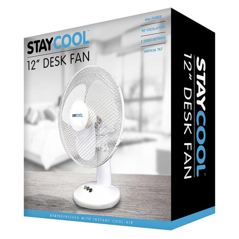 Lloytron Stay Cool 12" Oscillating (30cm) 40w Desk Fan - Click Image to Close