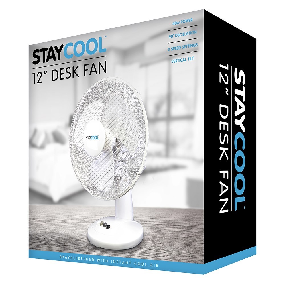 Lloytron Stay Cool 12" Oscillating (30cm) 40w Desk Fan - Click Image to Close