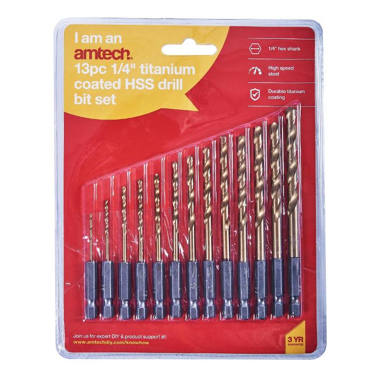 Amtech 13 Pack 1/4" Titanium Coated Hss Drill Bit Set - Click Image to Close
