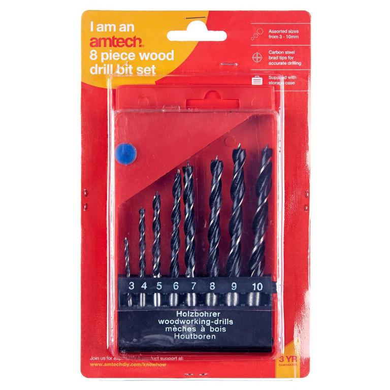 Amtech 8 Pack Wood Drill Bit Set - Click Image to Close