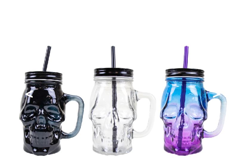 Halloween Skull Jar With Lid & Straw - Click Image to Close
