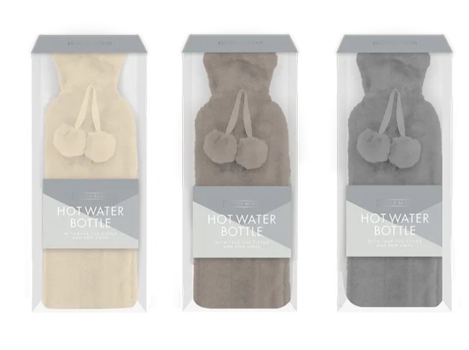 Faux Fur Hot Water Bottle With Pom Poms 1.7L - Click Image to Close