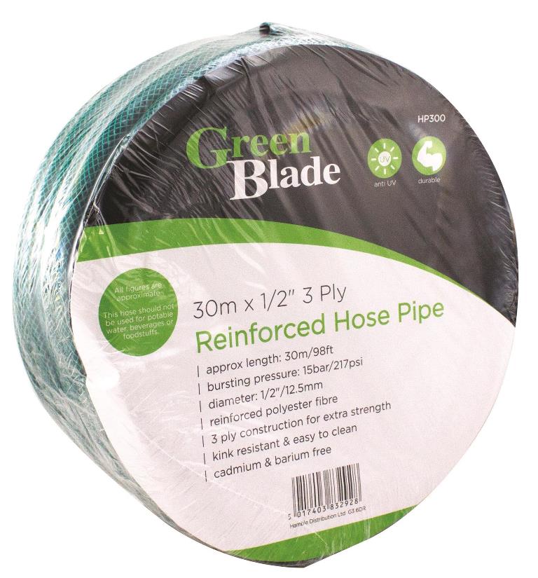 Green Blade 30M X 1/2" 3 Ply Reinforced Hose Pipe - Click Image to Close