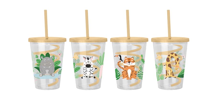 Printed CUP & SWIRL STRAW Reusable Cup & Lid Kids Drinking ware Party  Picnic UK