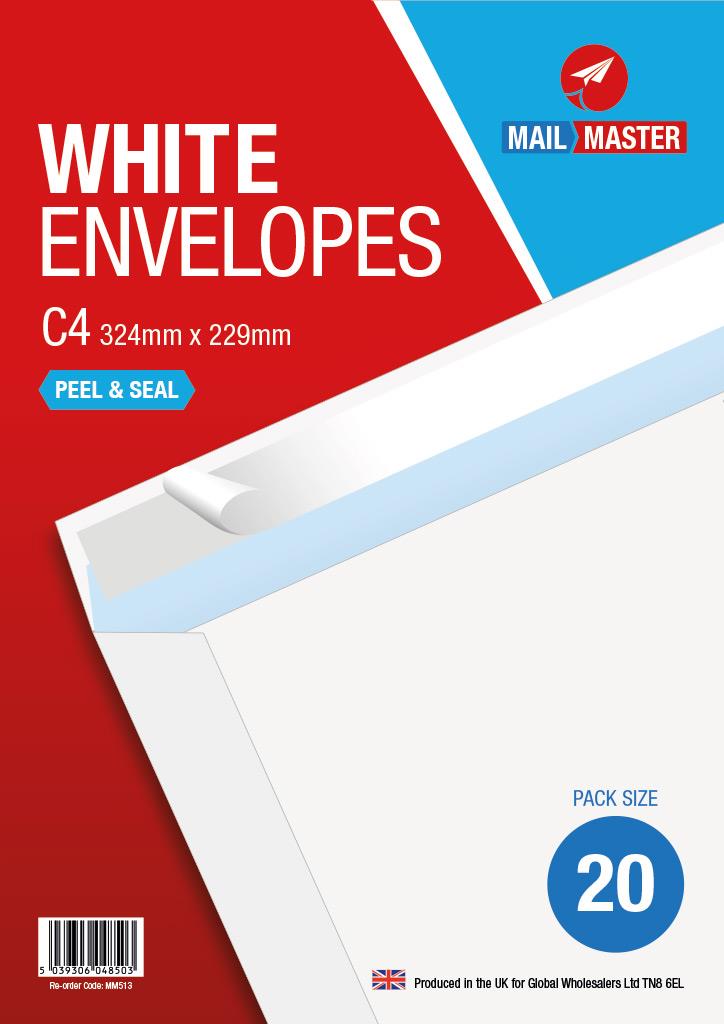 Mail Master C4 White Peel & Seal 20 Pack Envelope - Click Image to Close