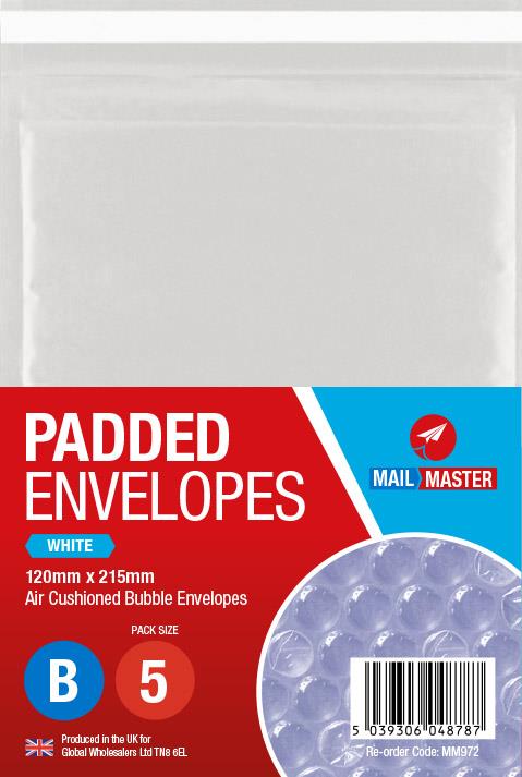 Mail Master B White Padded Envelope 5 Pack - Click Image to Close