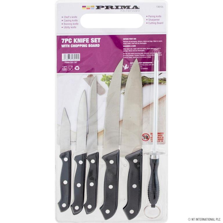 7Pc Knife Set In Plastic Chopping Board & Sharpener - Click Image to Close