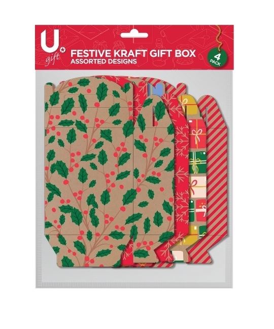 Festive Kraft Gift Box 4 Pack ( Assorted Designs ) - Click Image to Close