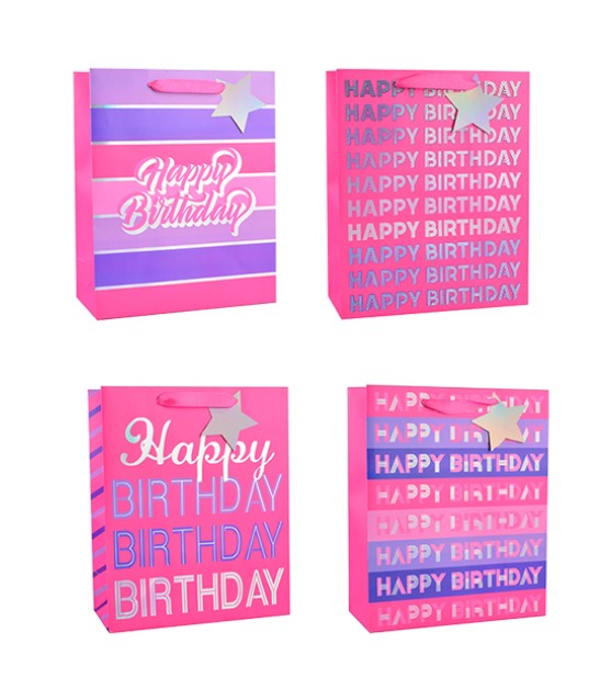 Girls Foiled Happy Birthday Medium Gift Bag 26x32x12cm - Click Image to Close