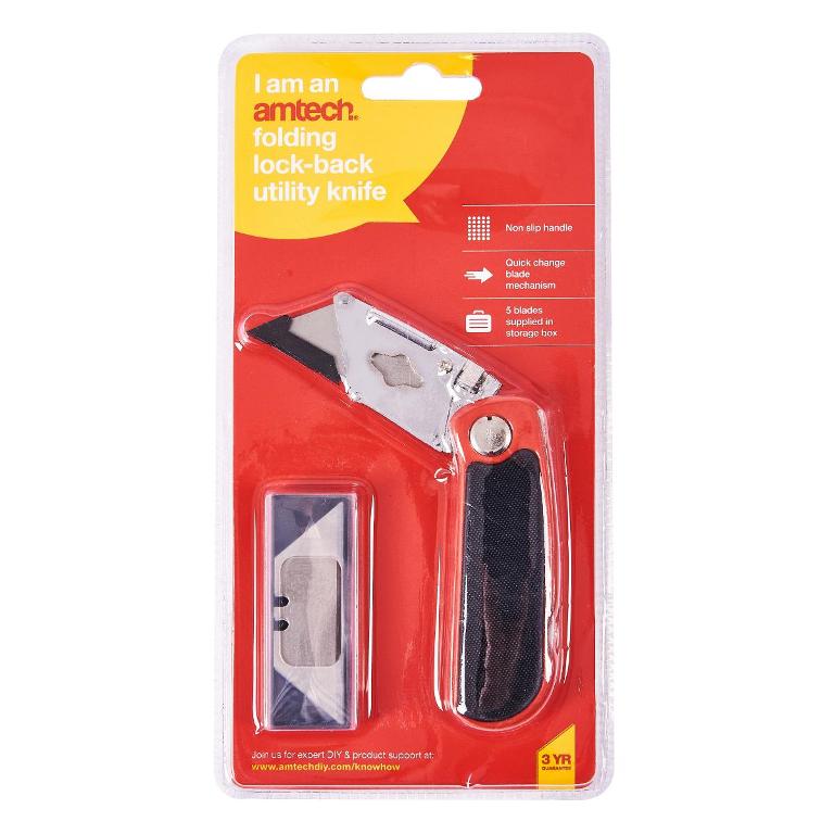Amtech Folding Lock Back Utility Knife Cushion Grip - Click Image to Close