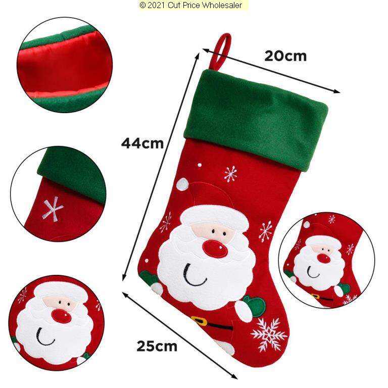 Deluxe Plush Red Green Top Cute Santa Stocking 40cm X 25cm - Click Image to Close