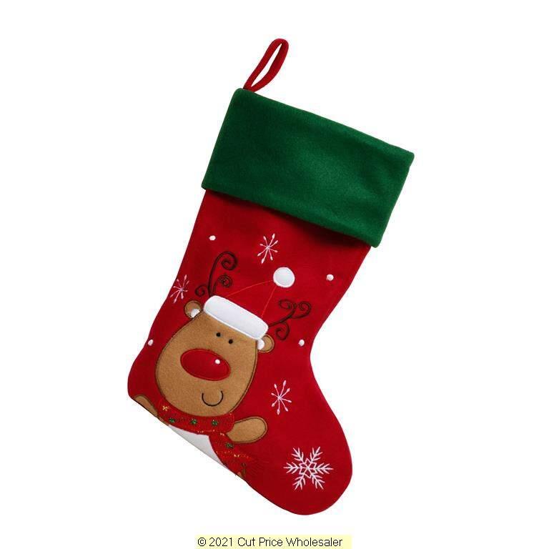 Deluxe Plush Red Green Top Reindeer Stocking 40cm X 25cm - Click Image to Close