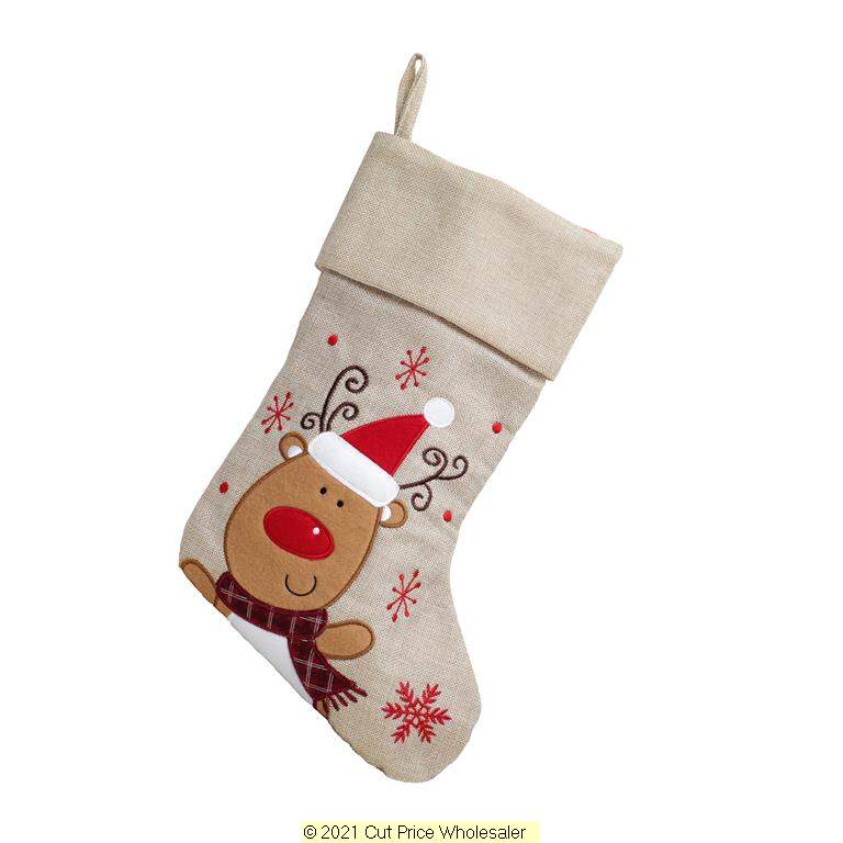 Deluxe Plush Hessian Reindeer Stocking 40cm X 25cm - Click Image to Close