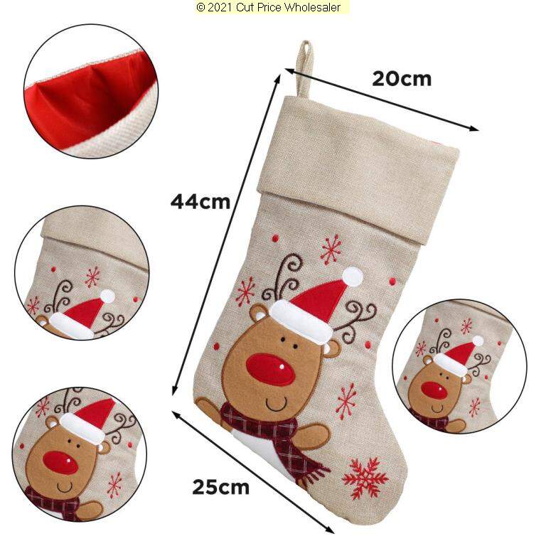 Deluxe Plush Hessian Reindeer Stocking 40cm X 25cm - Click Image to Close
