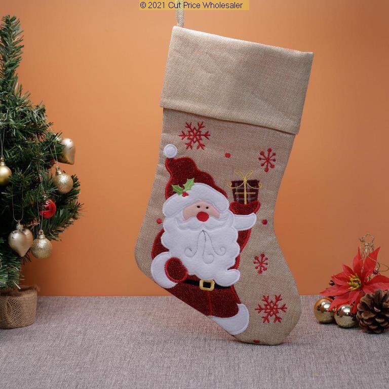 Deluxe Plush Hessian Santa Stocking 40cm X 25cm - Click Image to Close