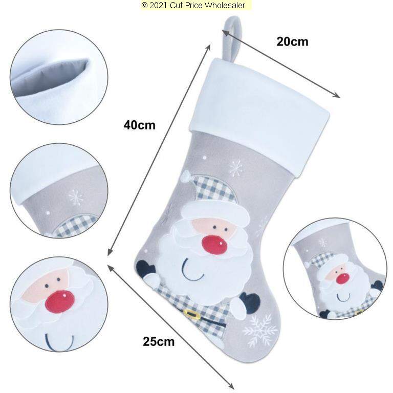 Deluxe Plush Silver White Top Santa Stocking 40cm X 25cm - Click Image to Close