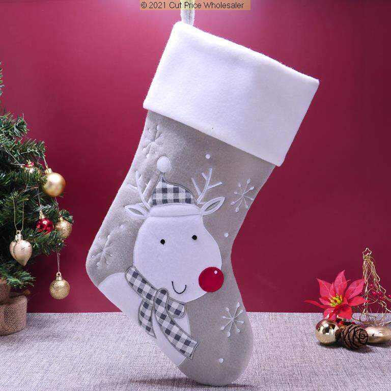 Deluxe Plush Silver White Top Reindeer Stocking 40cm X 25cm - Click Image to Close
