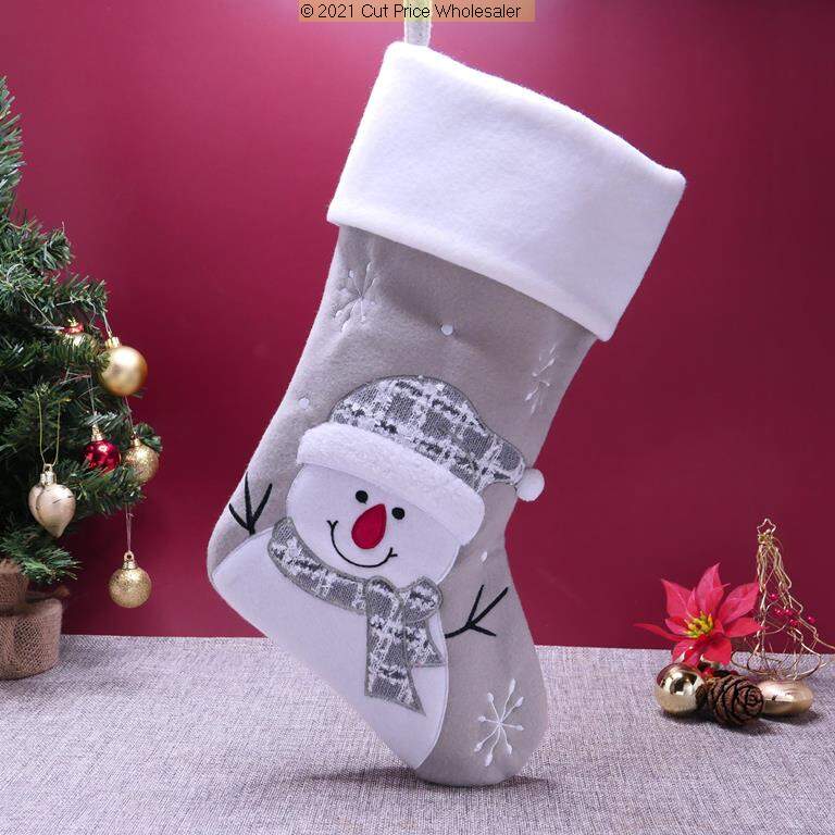 Deluxe Plush Silver Fluffy Hat Snowman Stocking 40cm X 25cm - Click Image to Close