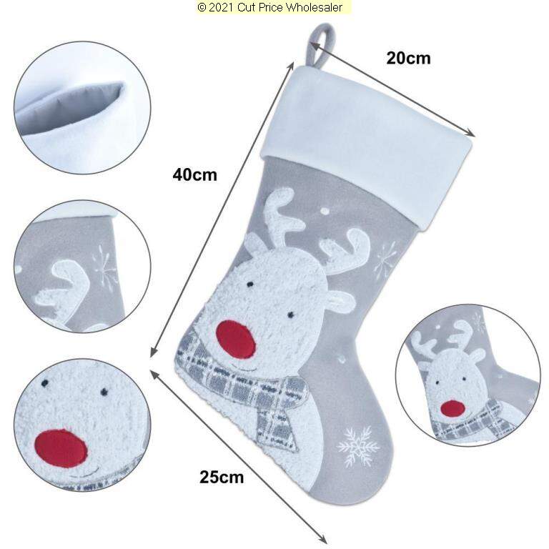 Deluxe Plush Silver Fluffy Reindeer Stocking 40cm X 25cm - Click Image to Close