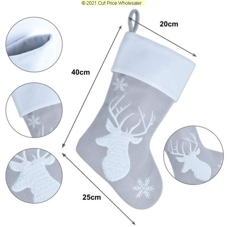 Deluxe Plush Silver Fluffy Reindeer Stocking 40cm X 25cm - Click Image to Close