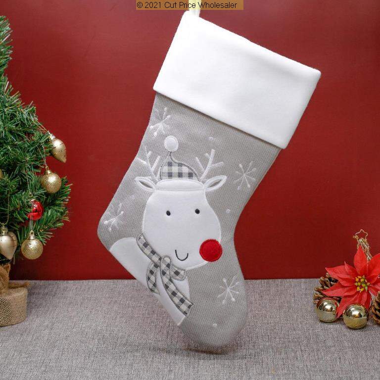 Deluxe Plush Silver Knitted Reindeer Stocking 40cm X 25cm - Click Image to Close