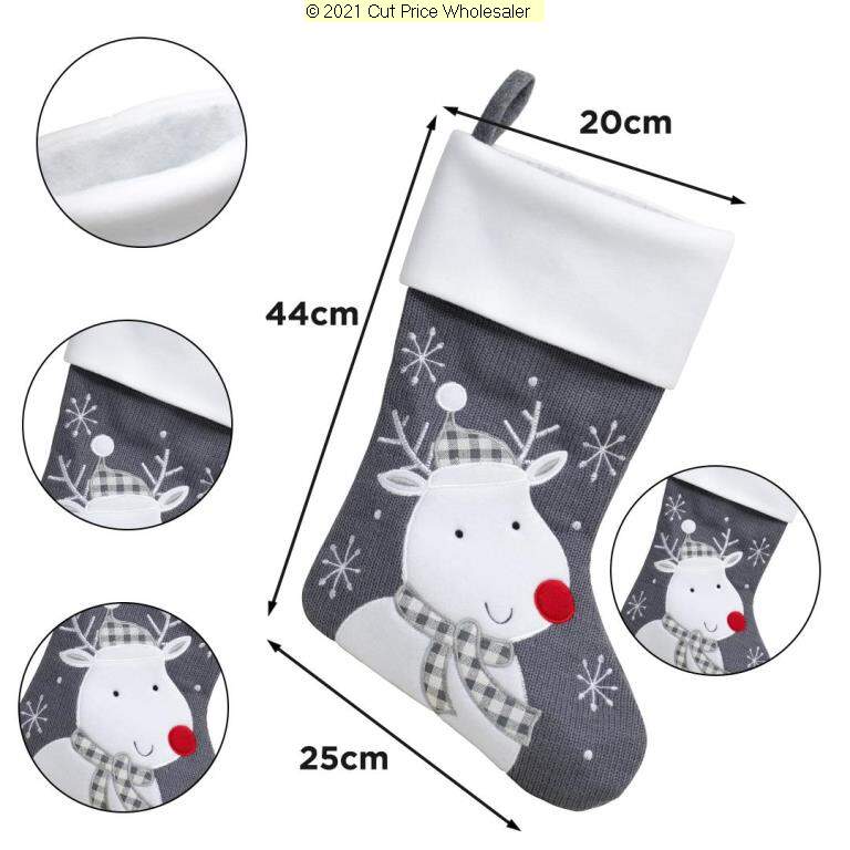 DELUXE PLUSH GREY KNITTED REINDEER STOCKING 40CM X 25CM - Click Image to Close