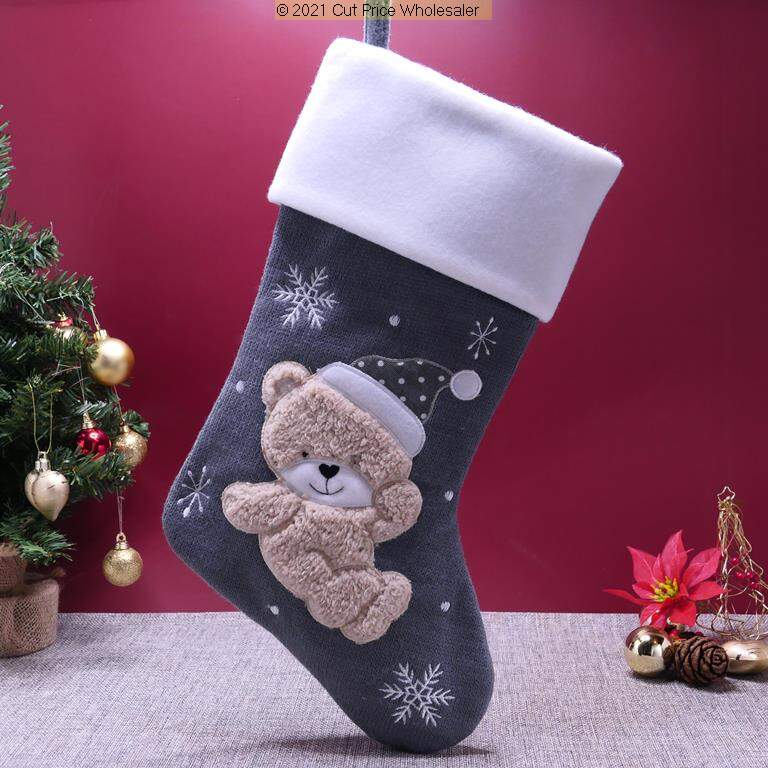 Deluxe Plush Grey Knitted Fluffy Teddy Stocking 40cm X 25cm - Click Image to Close