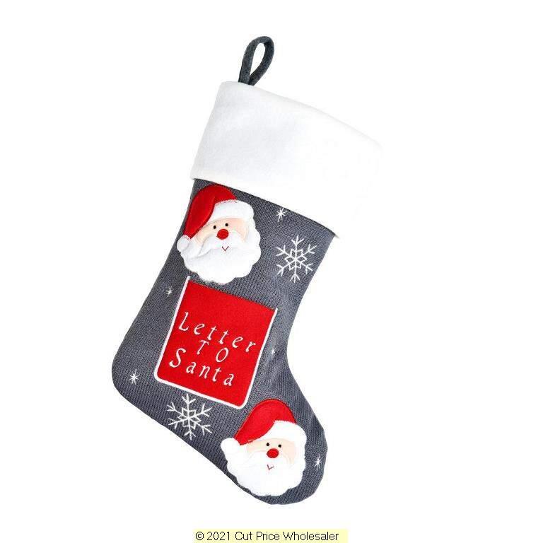 Deluxe Plush Letter To Santa Grey Knitted Stocking 40cm X 25cm - Click Image to Close