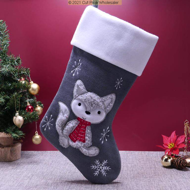 Deluxe Plush Grey Knitted Fox Baby Stocking 40cm X 25cm - Click Image to Close