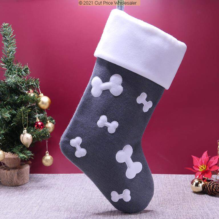 Deluxe Plush Bone Grey Knitted Stocking 40cm X 25cm - Click Image to Close