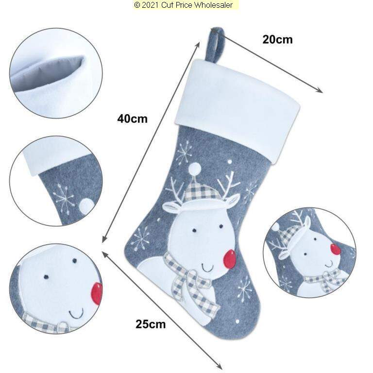 Deluxe Plush Charcoal Reindeer Christmas Stocking 40cm X 25cm - Click Image to Close