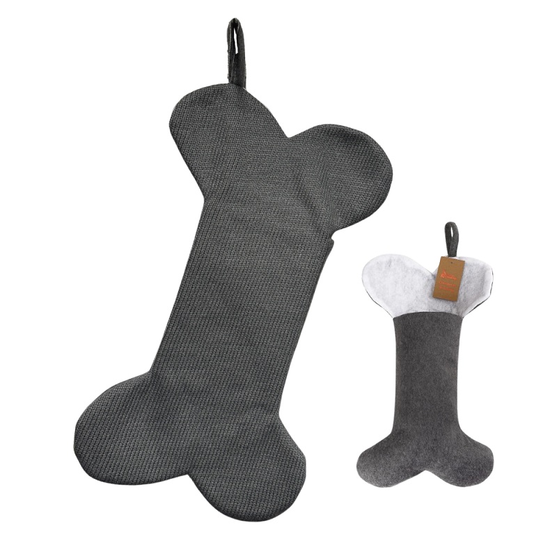 Deluxe Plush Knitted Grey Bone Shape Stocking 40cm X 25cm - Click Image to Close