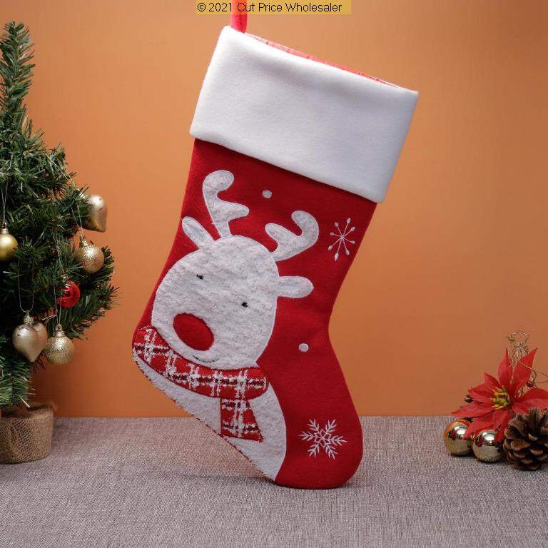 DELUXE PLUSH RED FLUFFY REINDEER STOCKING 40CM X 25CM - Click Image to Close